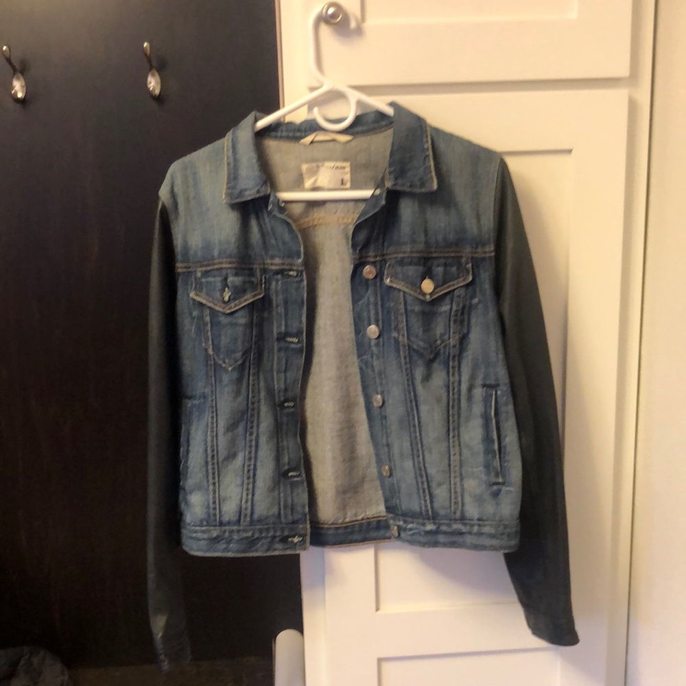 Rag and Bone jean jacket with leather sleeves.